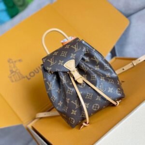 LV 25S 몽수리 미니 20 브라운 모노그램 캔버스 가죽 트림 골드 하드웨어